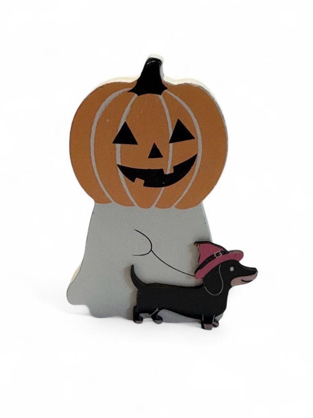 Halloween Pumpkin Ghost & Dachshund Figurine - Orange, Black, Pink